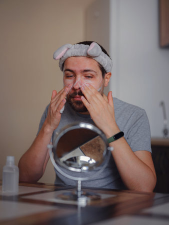 Men's beauty idea. Young handsome man in the kitchen in hygiene concept. headband, mirror on the...