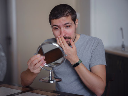 guy checking his skin. Young man looking in mirror touches face with pimple feels disgruntled. Anti-acne skincare treatment, hormonal imbalance, stress, diet, skin problem, freckle appearance conceptの写真素材