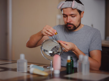 Men's beauty concept. caucAsian guy checking his skin. skin nutrition. Young man applying organic essential serum on face with pipette, free spaceの写真素材