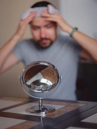 Men's beauty idea. Young handsome man in the kitchen in hygiene concept. headband, mirror on the...