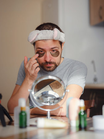 patches for eyes. Young man in kitchen with headband on his head and mirror apply use under eye...
