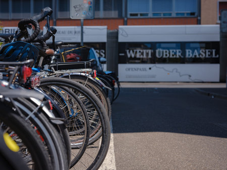 Basel, Switzerland - July 8 2022: public transport in the city. bike parking on the streets of...