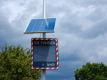 Basel, Switzerland - July 4 2022: Speed sign with solar powered display: going below speed limit. cloudy summer dayのeditorial素材