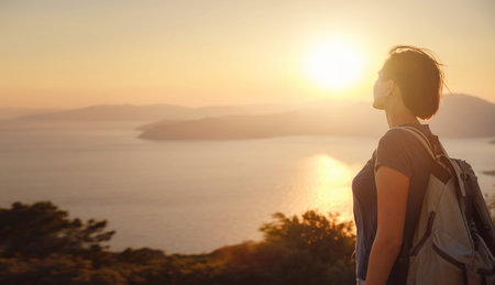 Travel to Turkey, viewpoint over Dalyan Iztuzu Beach. . Smiling woman taking break on hiking trip...
