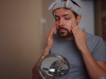 Men's beauty idea. Young handsome man in the kitchen in hygiene concept. headband, mirror on the table, cleanser for skin imperfectionsの写真素材
