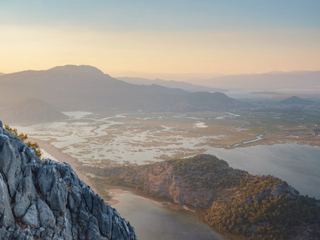 Travel to Best tourist destination, viewpoint over Dalyan. Iztuzu Beach Drone Photo, Aegean Sea, Dalyan Mugla Turkey .の写真素材