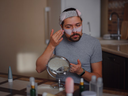 Men's beauty concept. caucAsian guy checking his skin. man looking into small mirror while applying clay skin detox mask. Caucasian male skincare and grooming routine.の写真素材