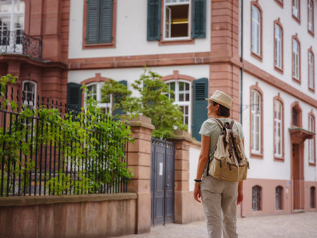 travel to summer europe young asian woman. Woman having a great vacation in Switzerland, Basel. Lady tourist attractions visiting and landmarks.の写真素材