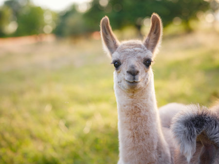 Beautiful sunrise farm scene with group of grey, brown and black alpacas walking and grazing on grassy hill backlit at sunrise with trees in background. Summer in French farmlandの写真素材