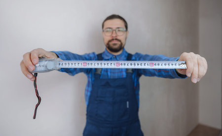 young man in blue work suit holding measure tape isolated on white background. Instruments,...