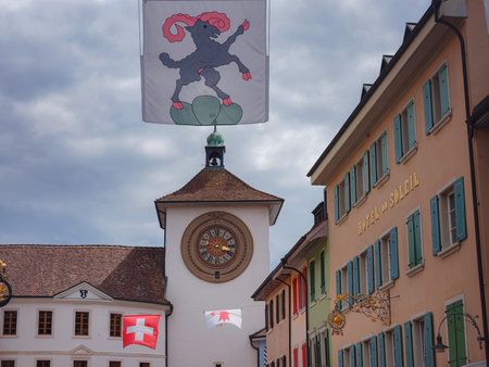 Laufen, Switzerland - July 7, 2022: The old town of summer Swiss medieval town of Laufen. warm...
