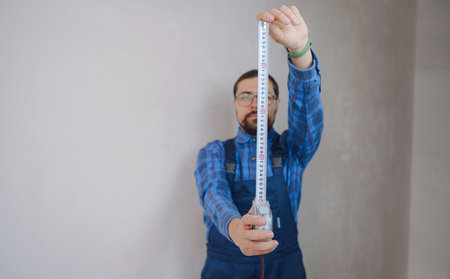 young man in blue work suit holding measure tape isolated on white background. Instruments, accessories, tools for renovation apartment room, selective focusの写真素材
