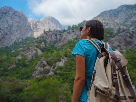 Tourist with backpack hike , Turkey travel, mediterranean area on a warm summer day lycian trail. concept of Zero waste travel, active lifestyle, summer vacation concept.の写真素材