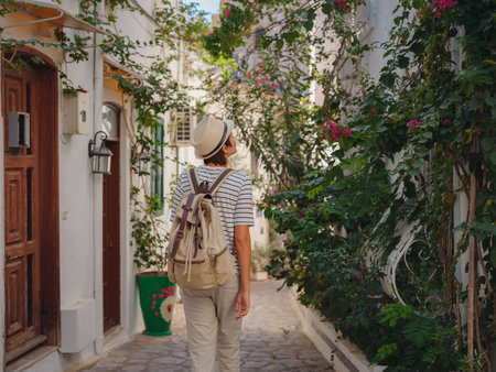 Marmaris is a resort town on Turkish Riviera, also known as Turquoise Coast. Marmaris is a great place for sailing and diving. Tourist Woman on Beautiful Streets of old Marmaris.の写真素材