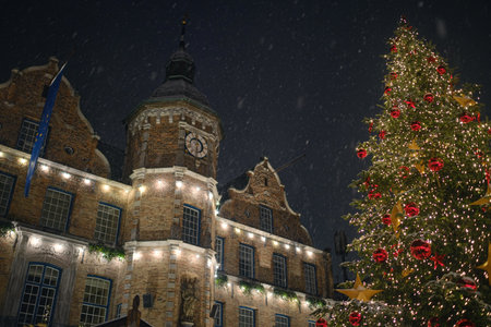 Dusseldorf. GERMANY. 13 DECEMBER 2022. The Christmas in Germany. Christmas market spirit. Celebrating Xmas holidays. Lights, carousel, small houses at market in city center with amazing food selectionのeditorial素材