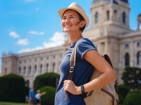 summer female solo trip to Europe, happy young woman walking on european street.の写真素材