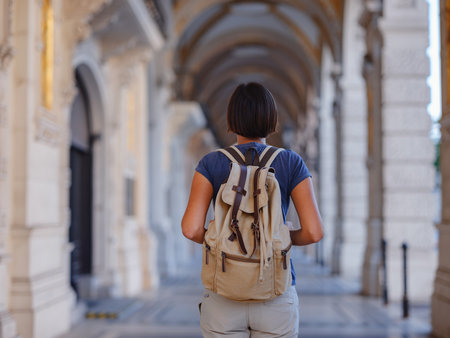 summer female solo trip to Europe, happy young woman walking on european street of Vienna, Austriaの写真素材
