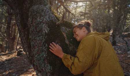 caucasian woman enjoys being in nature, beautiful forest in mountains. embracing fresh air and...