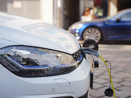 Electric car with opened charging socket cap and charger plugged in, at a public electric charging station in cityの写真素材