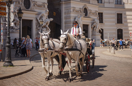 Vienna, Austria - August 10, 2022 : Old Horse-drawn carriage touristic attraction near Hofburg palace.のeditorial素材