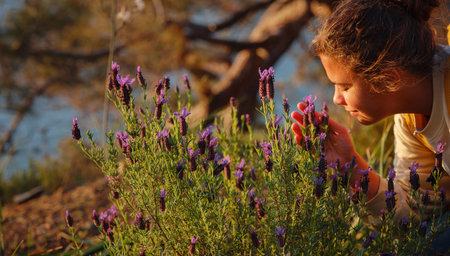 young caucasian woman collects a bouquet of broadleaf or French lavender , holds a wild flower bouquet in sunset light.. Flowers, grass meadow hill. Gathering wildflowers. Walking happy female.の写真素材