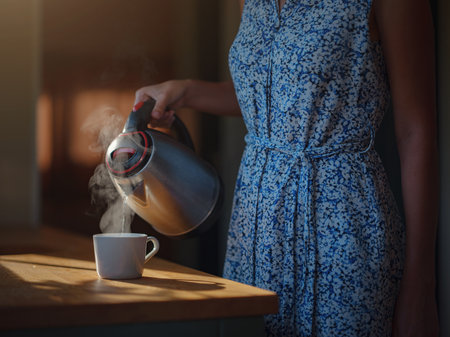 Woman is drinking coffee , morning routine. Tiny house. First property. Small apartment interior design. Minimalism. Moving in. Living alone. Charming trailer house with the morning sunの写真素材