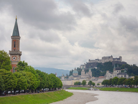 Salzburg Austria inner city with churches. Beautiful view of Salzburg skyline with Evangelical Parish Salzburg Christ Churchの写真素材
