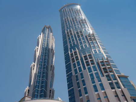 Dubai, United Arab Emirates, March 26, 2023: Beautiful view of Dubai city skyscrapers near Burj...