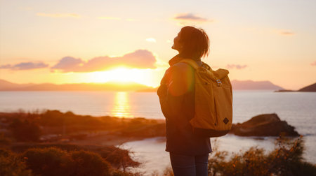 Woman backpacker resting alone over the sea shore, travel in Turkey, Fethiye city. adventure vacation, healthy lifestyle, sunset time, Mountain and coastal travel, freedom and active lifestyleの写真素材