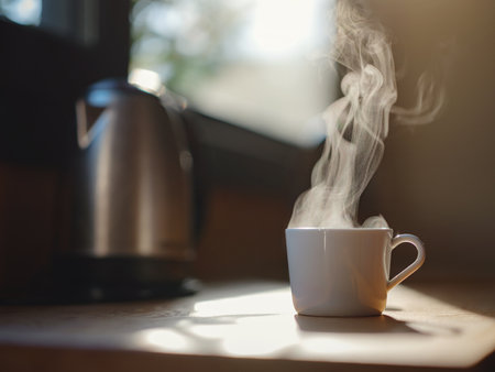 Woman is drinking coffee, morning routine. Tiny house. First property. Small apartment interior design. minimalism. moving in. living alone. Charming trailer house with the morning sunの写真素材