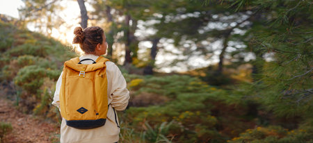 Travel and active lifestyle concept. Happy smiling woman hiking in mountains , Fethie, Turkey. Young...