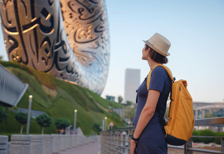 20 March 2023, Dubai, UAE: happy Tourist asian woman near Museum of The Future - New Attraction in Dubai downtown built for EXPO 2020のeditorial素材