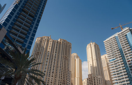 Dubai, United Arab Emirates, March 26, 2023: Beautiful view on Dubai marina skyscrapers . View at apartment buildings, hotels and office blocks, modern residential development of UAEのeditorial素材