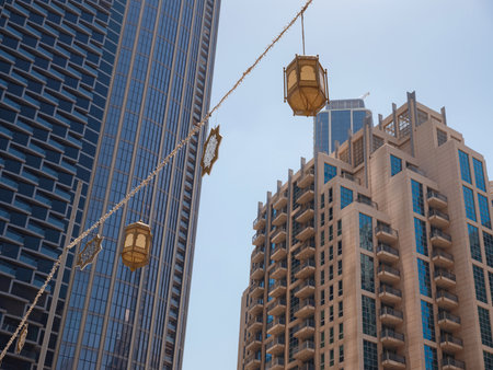 23 March 2023, Dubai, UAE: Downtown Dubai is a crowded area that is popular with tourists. Emaar Boulevard decorated for Ramadan. tourist trip to futuristic dubaiのeditorial素材