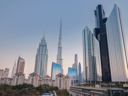 25 March 2023, Dubai, UAE: view from downtown, Burj Khalifa the tallest building in the world. Dubai Downtown cityscape. Dubai evening skyline, tourist trip to futuristic dubaiのeditorial素材