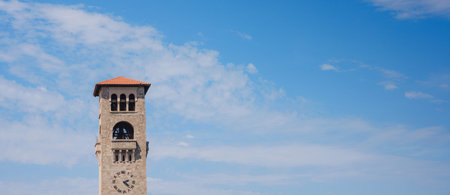 Travel to Greece, Mediterranean islands Rhodes. medieval tower clock, arched windows and doors and...