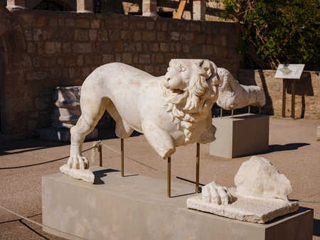 Rhodes, Greece - April 21, 2023: Archeological Museum of Rhodes Town. details of antique statues and other exhibits of the museumのeditorial素材