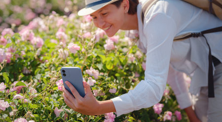 woman enjoying the aroma and make photo in her smartphone in Field of Damascena roses in sunny...
