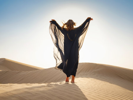 Desert adventure. Young arabian Woman posing in traditional Emirati dress abaya in sanddunes of UAE desert at sunset. The Dubai Desert Conservation Reserve, United Arab Emirates.の写真素材