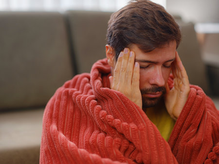 autumn and winter season of snows. Young Caucasian man with flu feels cold in living room at home, having fever and headache and touching his forehead to check his temperature.の写真素材