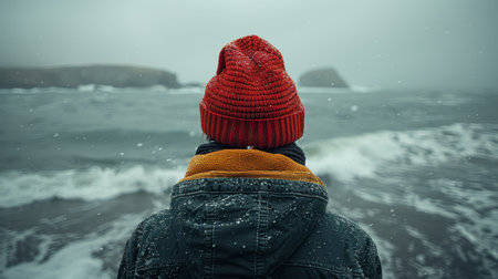 male tourist in a red hat, shot at a wide angle against the backdrop of the sea from the water level in winter in retro style.の素材
