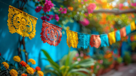 Fiesta Celebration. Cinco de Mayo, Mexican defining moment. Colorful decorations Realistic photo. Cinco de Mayo is Mexican national holiday in honor of victoryの素材