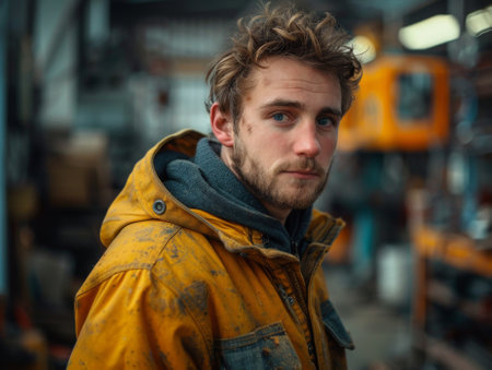 A male worker stands in a workshop against an industrial background. Realistic photography.の素材