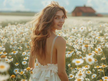 A woman in a summer dress runs through a field of daisies, laughing. A village house is visible in the distance. Bright sunny day.の素材