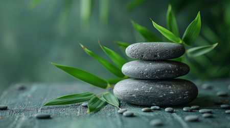 Photo of A stack of stones and bamboo leaves on wooden table against light green background with copy space, spa concept for relaxation time, wellness or healthy lifestyleの素材