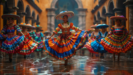 Traditional dancers in vibrant costumes. background Mexican church. Cinco de Mayo, Mesicans defining moment. Colorful decorations Realistic photo.の素材