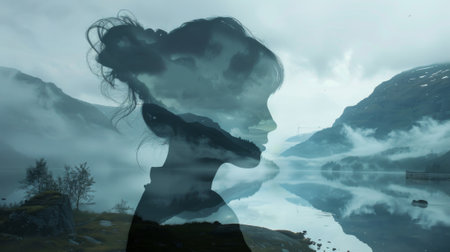 Double exposure: wide shot silhouette of a Scandinavian woman against the backdrop of the Norwegian fjords. photorealistic, sunset light.の素材