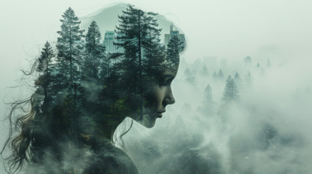 double exposure of profile face of woman looking down, cinematic lighting, foggy misty, city and forest scene, artstation style.の素材