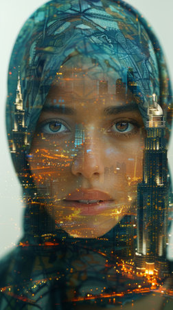 double exposure photography. arabic face in abaya shaped by buildings from Dubai, creative,の素材