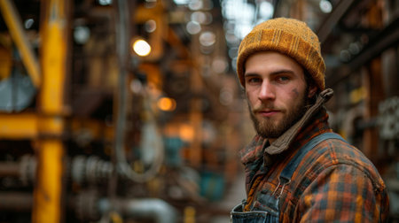 A male worker stands in a workshop against an industrial background.の素材
